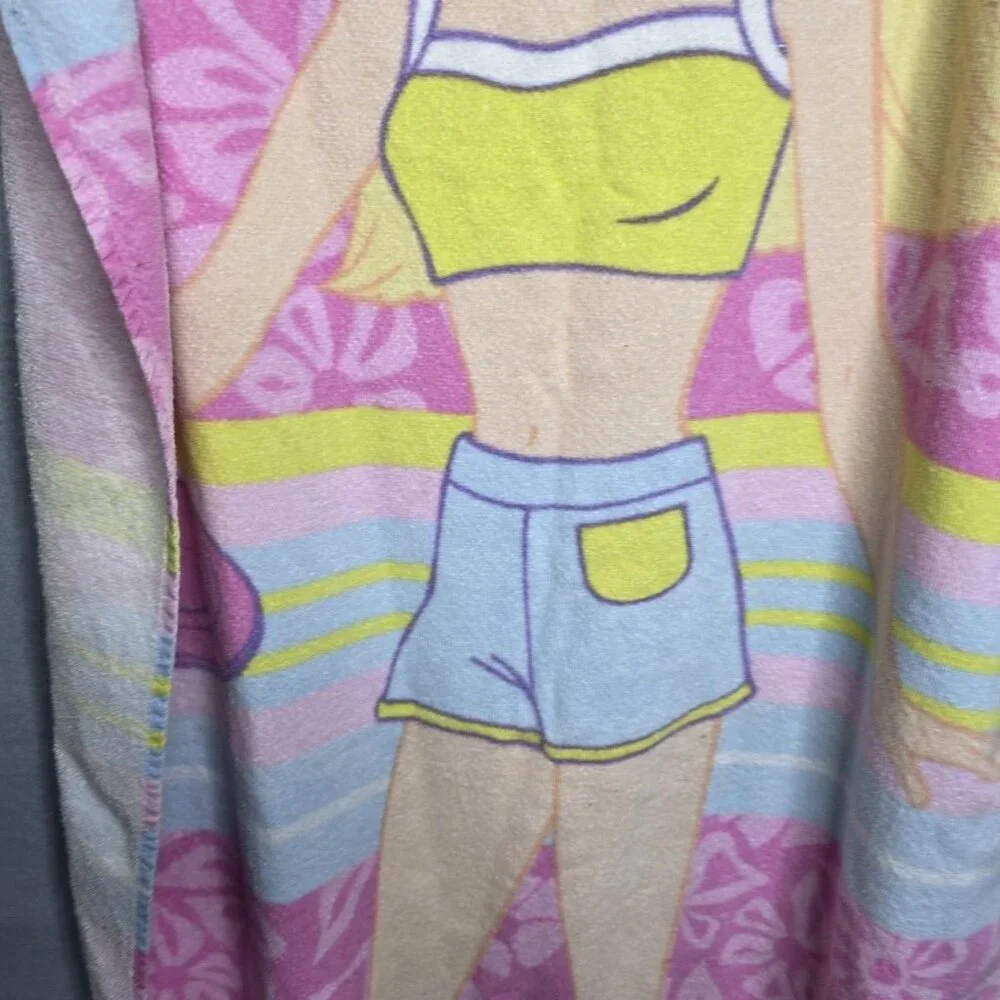 Vintage Mattel Barbie Beach Towel Blond Pink White Flowers Summer 2000 Movie
